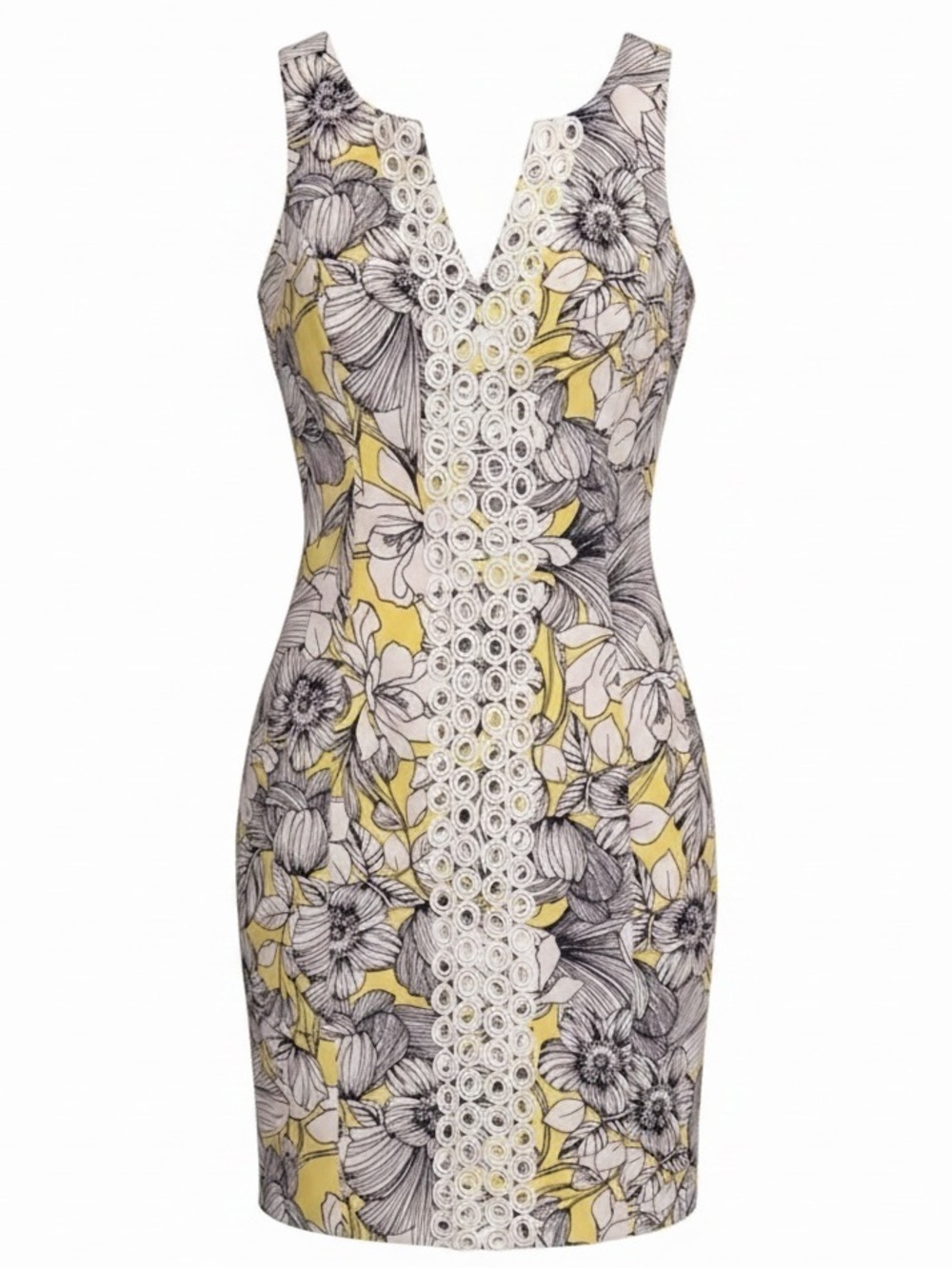 PAPPAGALLO Sheath Embroidered Sleeveless Midi Dress Yellow Black Size 6
